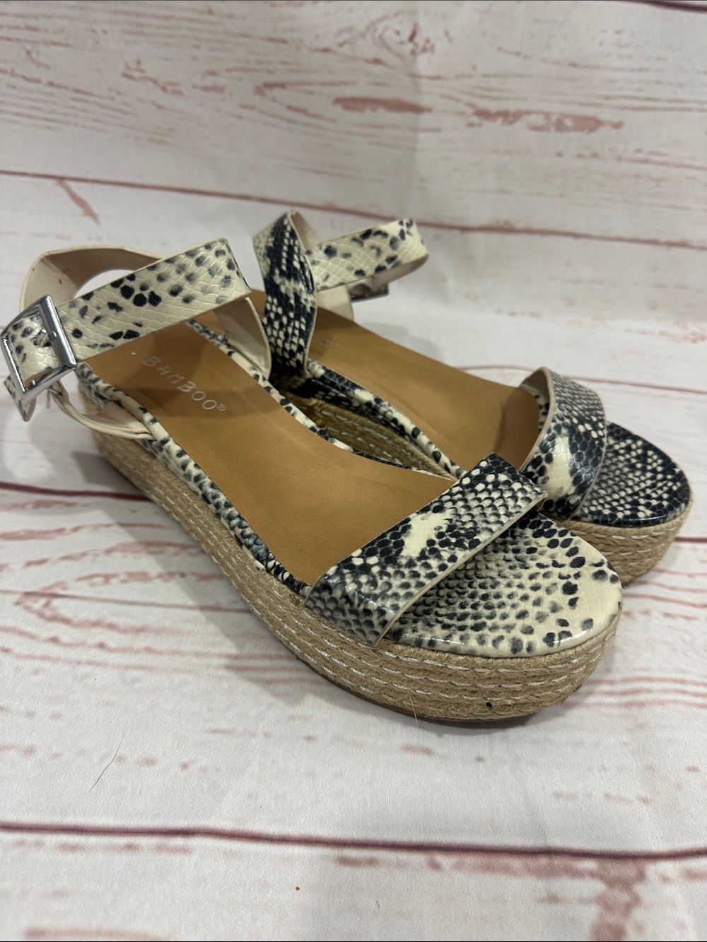 Bamboo Women’s Snake-Print Espadrille Platform Sandals - Cream/Black